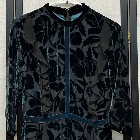 Rick Rhe Handmade Italy Silk Velvet Devore ¾ Sleeve Lined High Neck Ruffle Dress - Picture 7 of 13